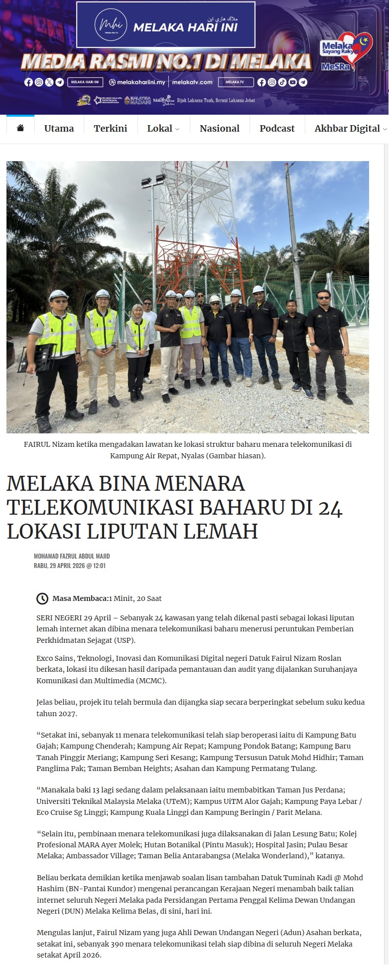 210 MELAKA BINA MENARA TELEKOMUNIKASI BAHARU DI 24 LOKASI LIPUTAN LEMAH