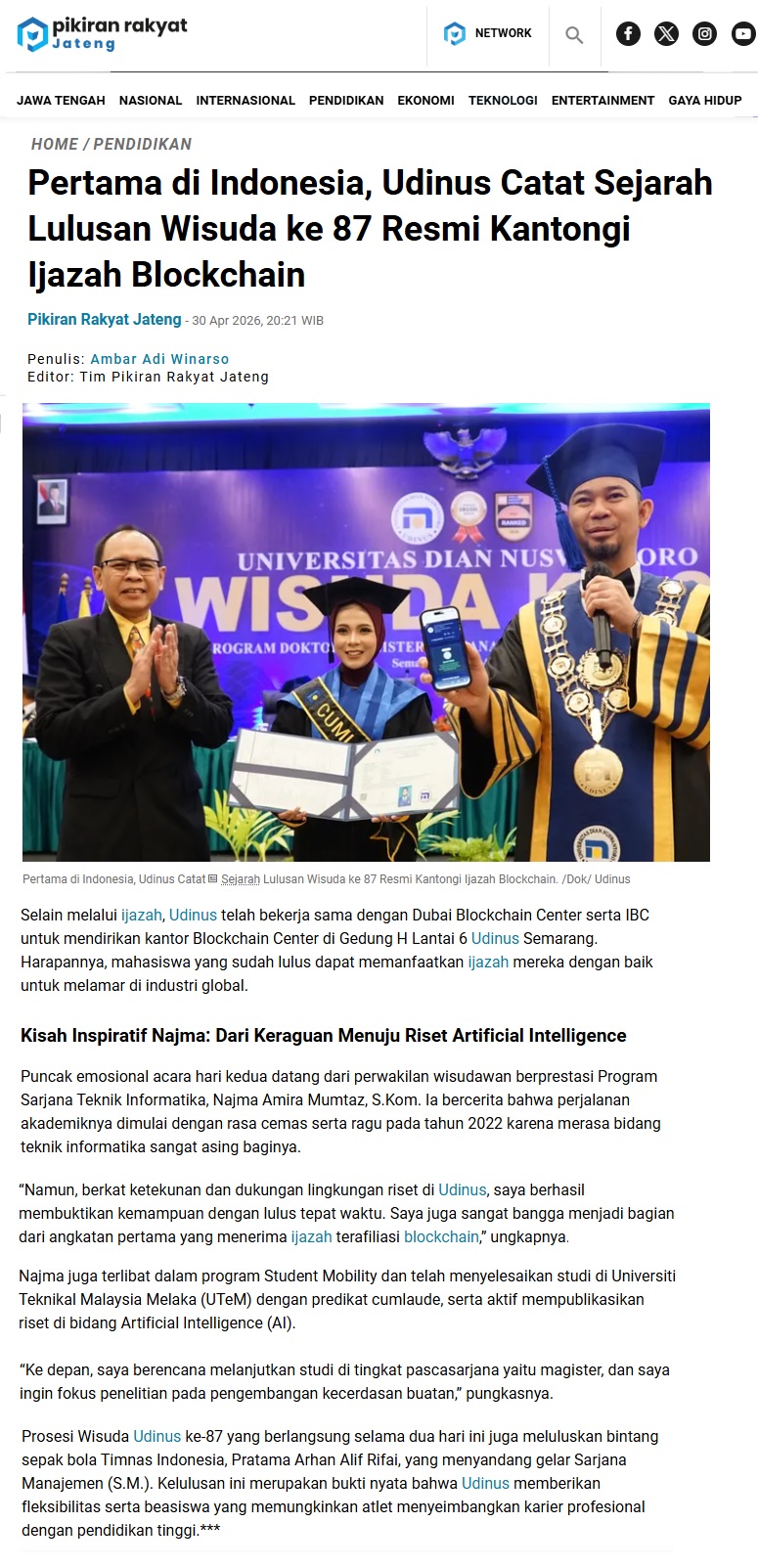 215 Pertama di Indonesia, Udinus Catat Sejarah Lulusan Wisuda ke 87 Resmi Kantongi Ijazah Blockchain - Pikiran Rakyat Jateng