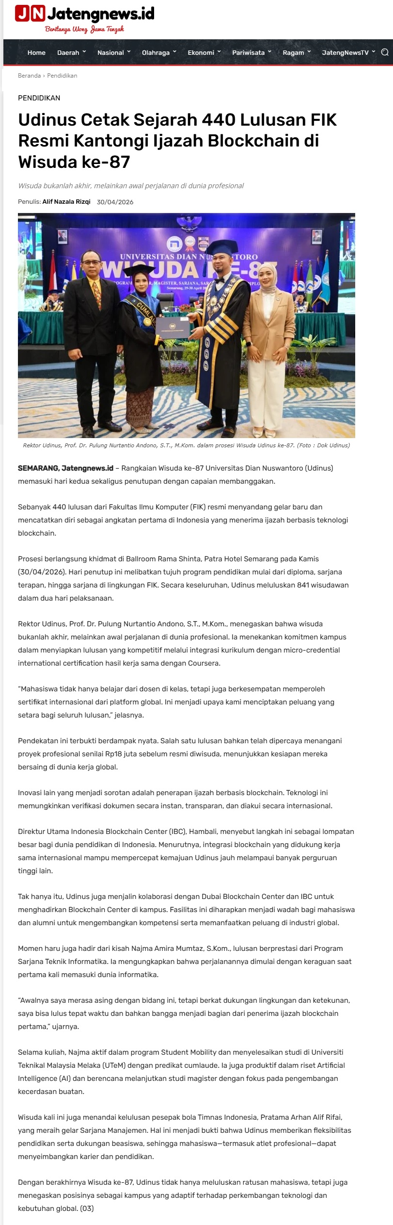 216 Udinus Cetak Sejarah 440 Lulusan FIK Resmi Kantongi Ijazah Blockchain di Wisuda ke-87