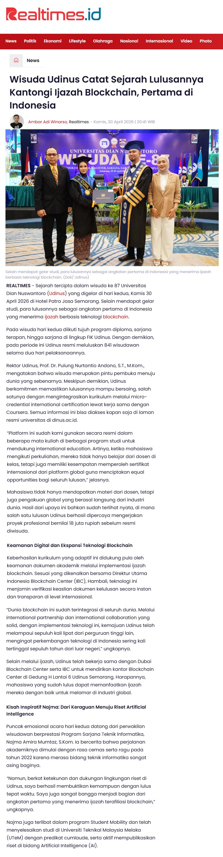217 Wisuda Udinus Catat Sejarah Lulusannya Kantongi Ijazah Blockchain, Pertama di Indonesia - Realtimes
