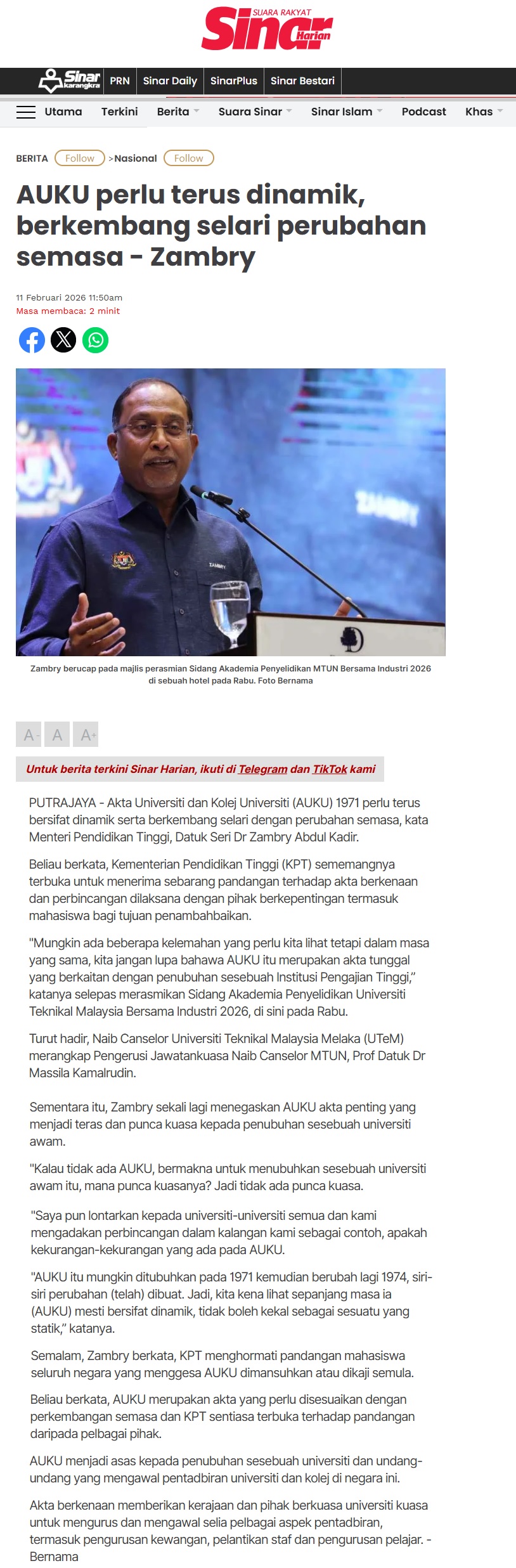 100 AUKU perlu terus dinamik, berkembang selari perubahan semasa Sinar Harian