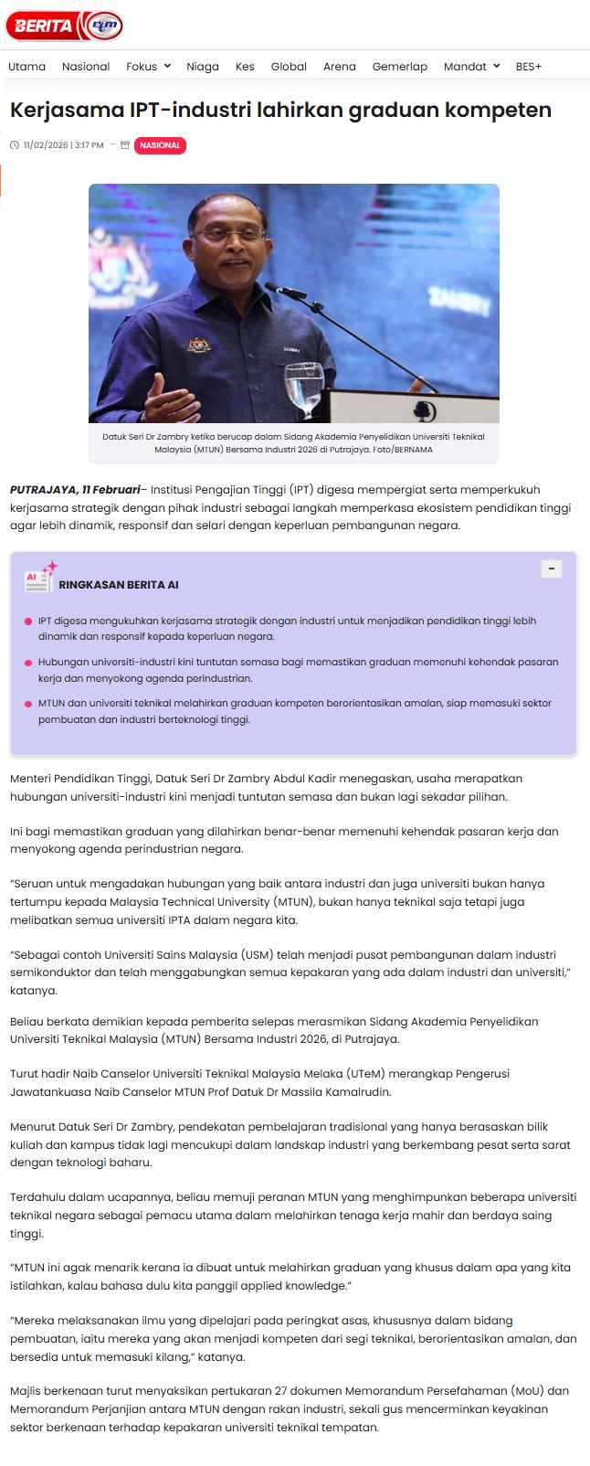 105 Kerjasama IPT industri lahirkan graduan kompeten Portal Berita RTM