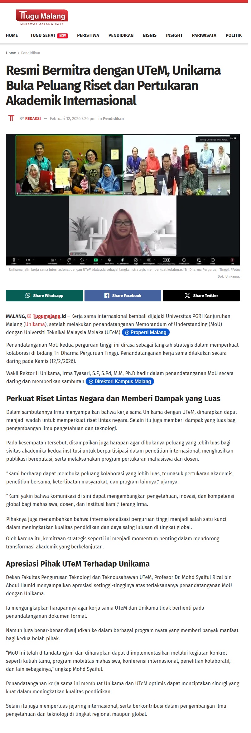 111 Resmi Bermitra dengan UTeM Unikama Buka Peluang Riset dan Pertukaran Akademik Internasional Tugumalangid