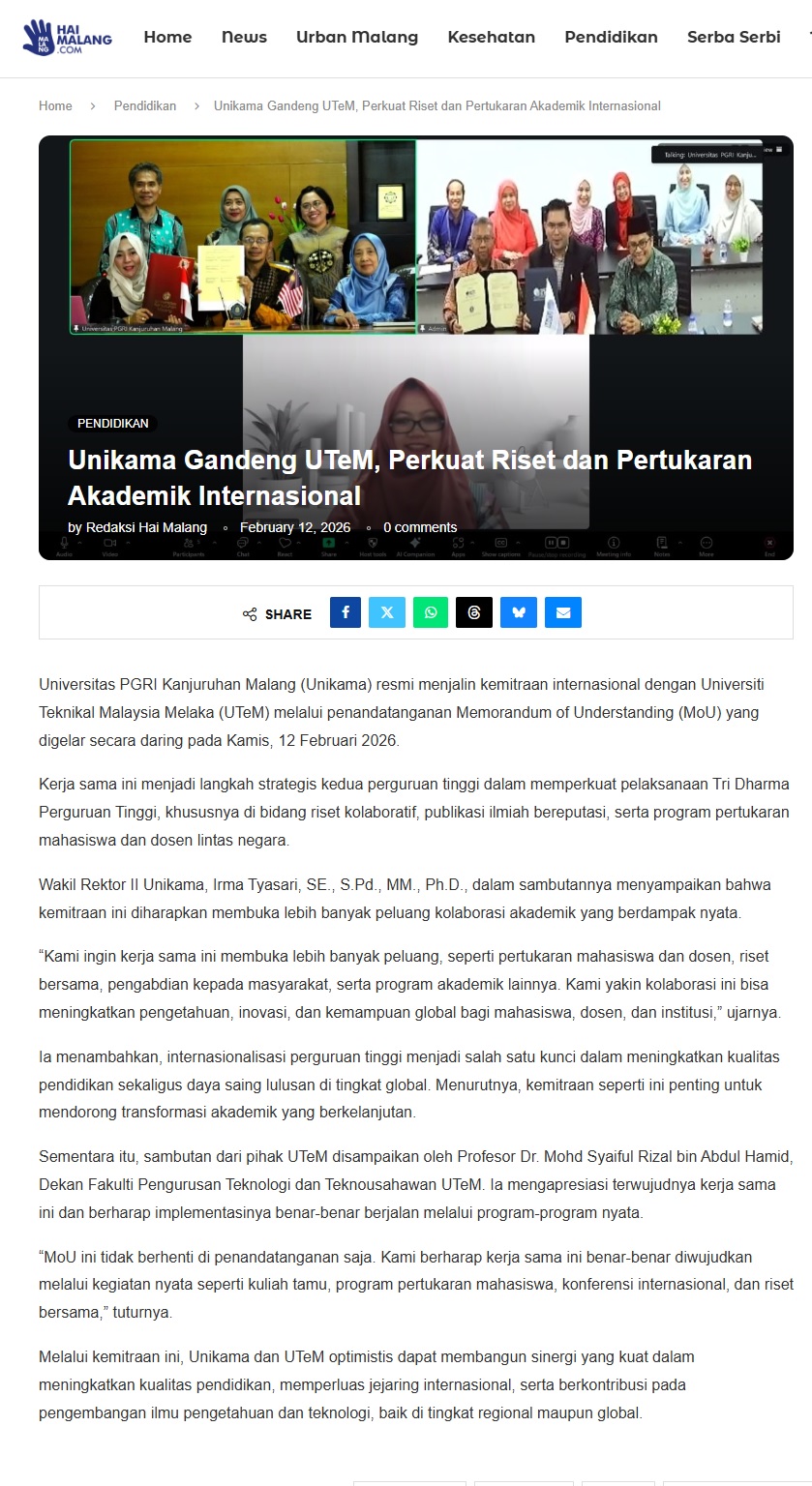 112 Unikama Gandeng UTeM, Perkuat Riset dan Pertukaran Akademik Internasional Hai Malang