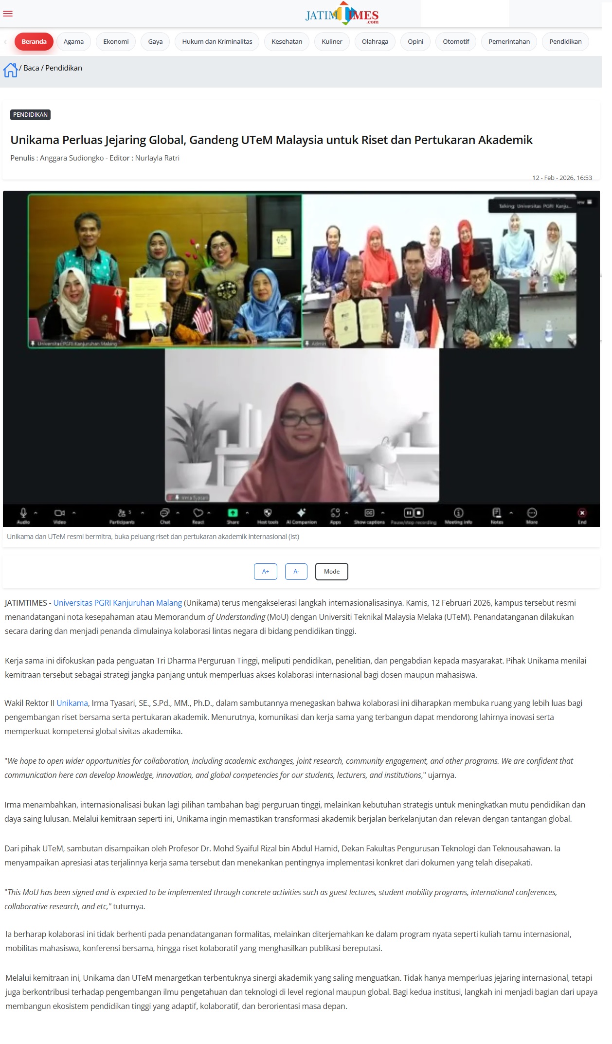 113 Unikama Perluas Jejaring Global, Gandeng UTeM Malaysia untuk Riset dan Pertukaran Akademik