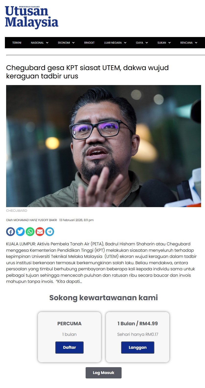 115 Chegubard gesa KPT siasat UTEM dakwa wujud keraguan tadbir urus