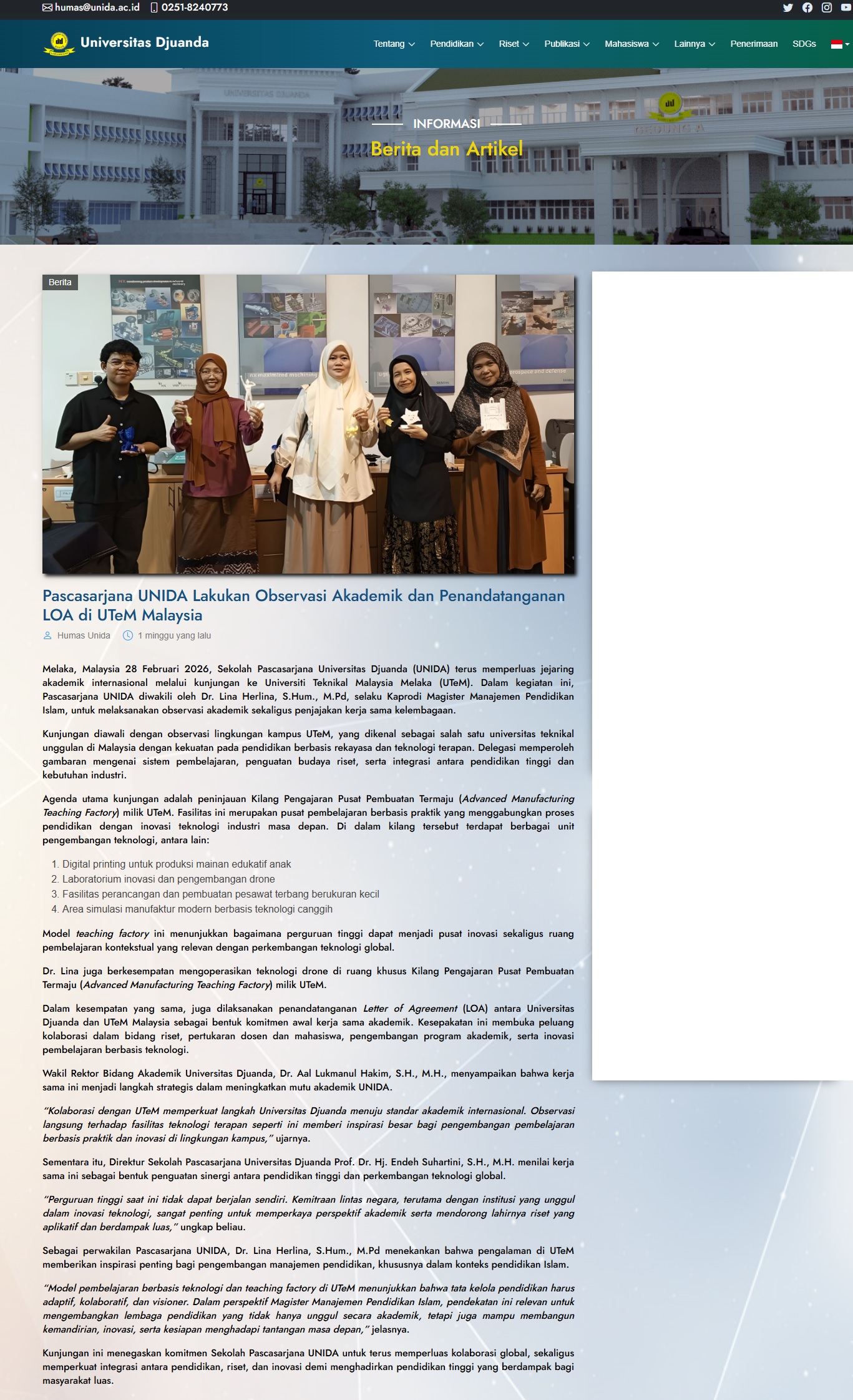 116 Pascasarjana UNIDA Lakukan Observasi Akademik dan Penandatanganan LOA di UTeM Malaysia