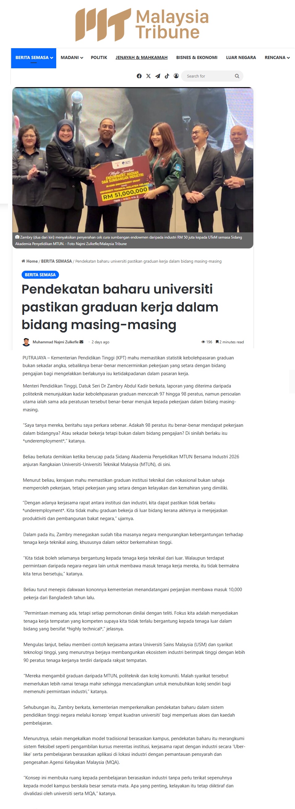 117 Pendekatan baharu universiti pastikan graduan kerja dalam bidang masing-masing Malaysia Tribune
