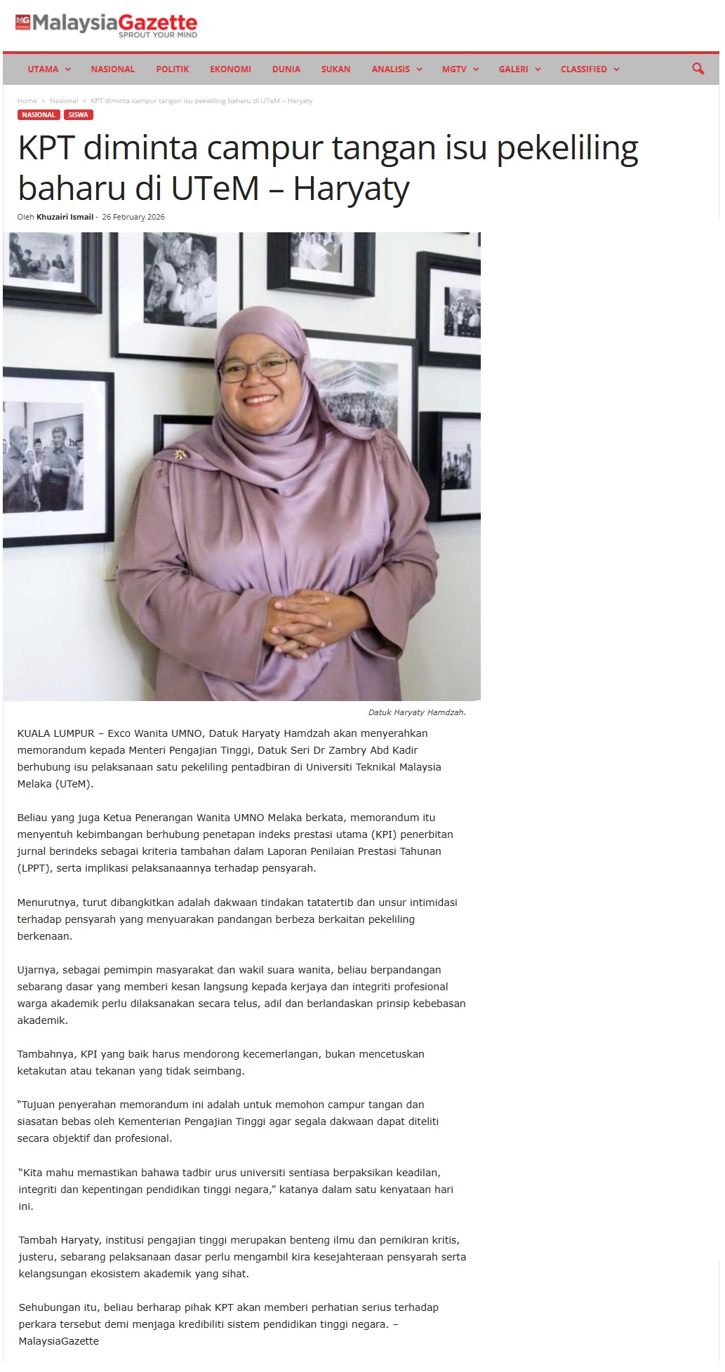 122 KPT diminta campur tangan isu pekeliling baharu di UTeM Haryaty