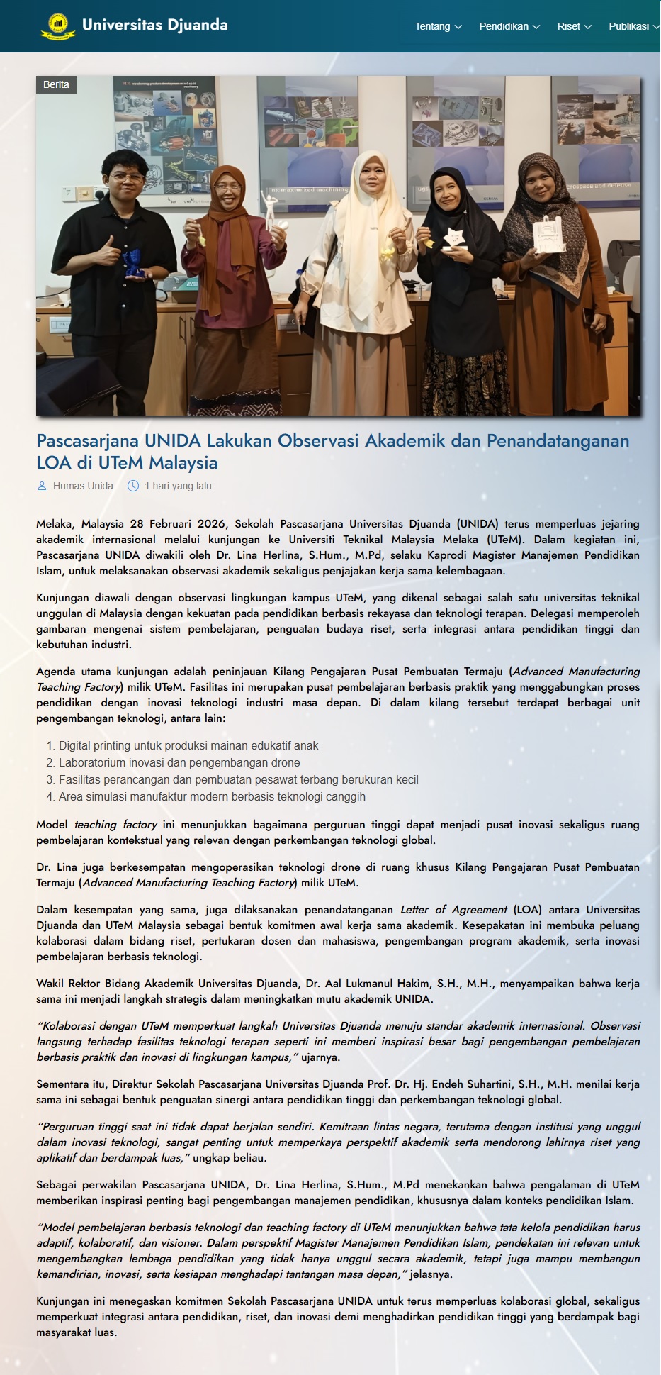 86 Pascasarjana UNIDA Lakukan Observasi Akademik dan Penandatanganan LOA di UTeM Malaysia