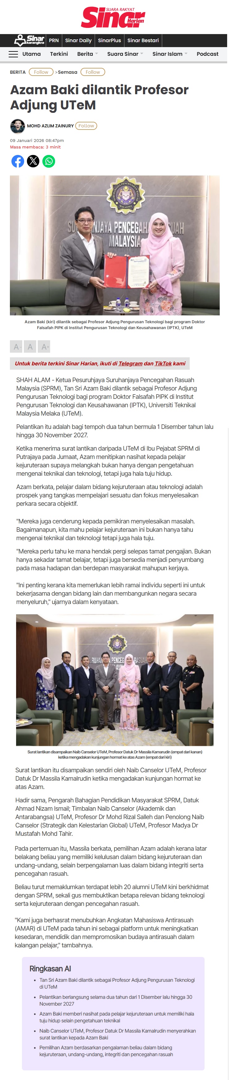 10 Azam Baki dilantik Profesor Adjung UTeM - Sinar Harian