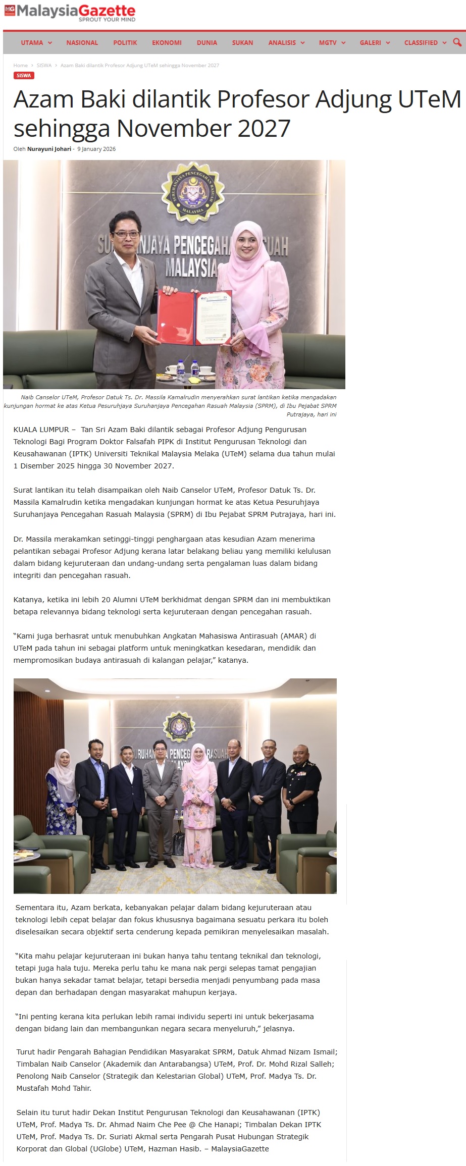 11 Azam Baki dilantik Profesor Adjung UTeM sehingga November 2027