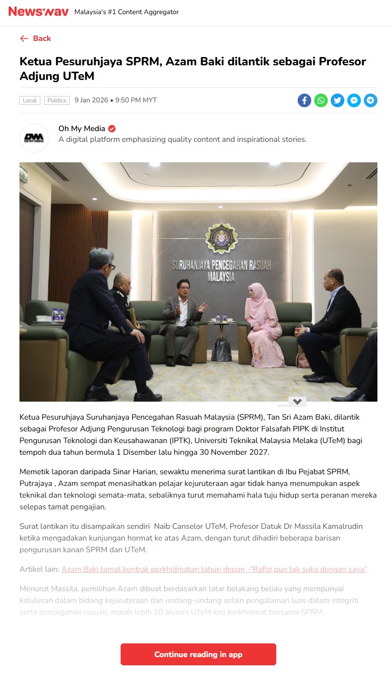 15 Ketua Pesuruhjaya Pencegahan Rasuah Azam Baki dilantik Prof Adjung UTeM