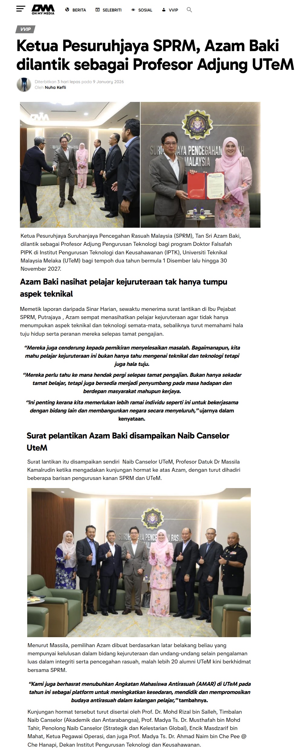 17 Ketua Pesuruhjaya SPRM Azam Baki dilantik sebagai Profesor Adjung UTeM