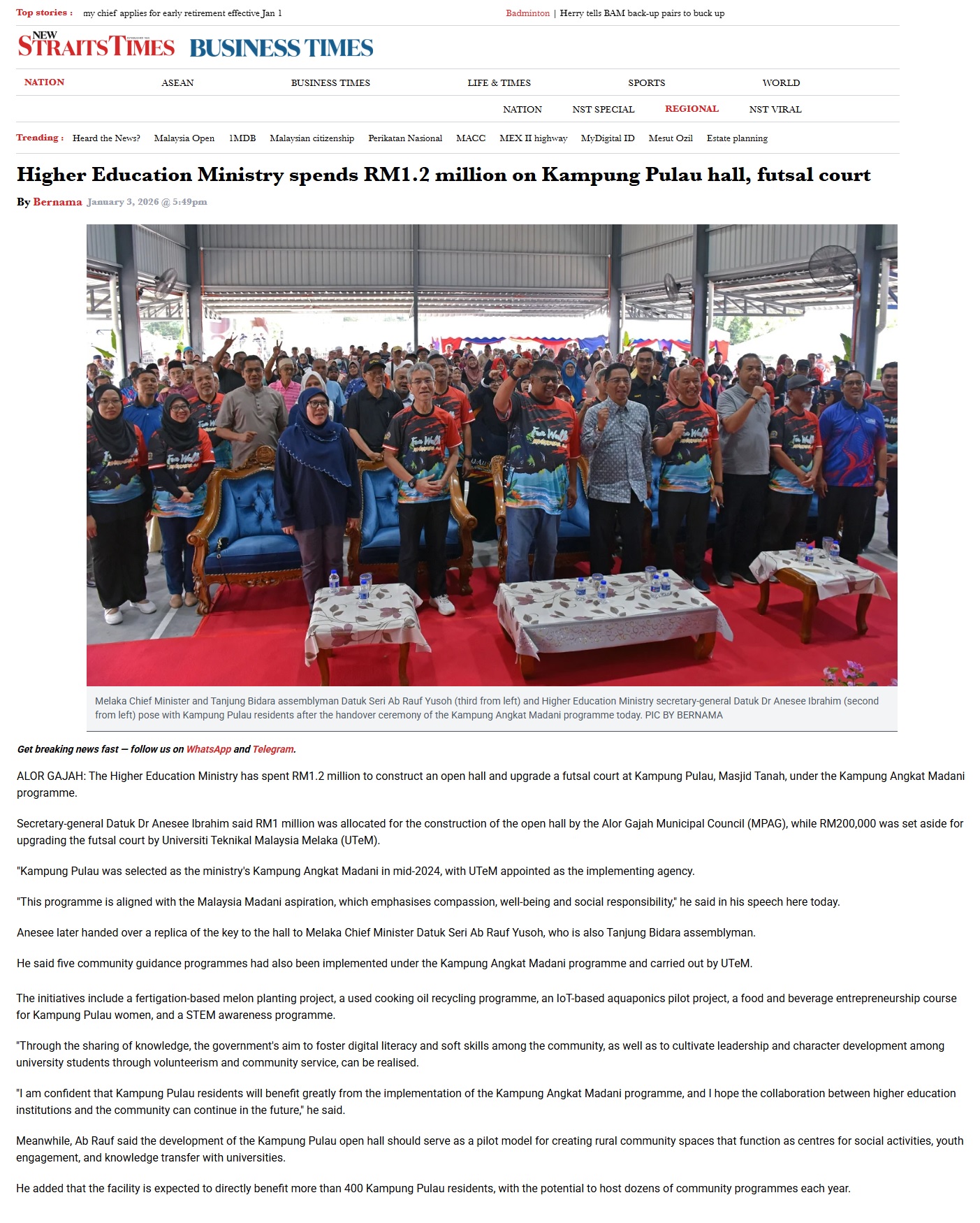 1 Higher Education Ministry spends RM1.2 million on Kampung Pulau hall futsal court