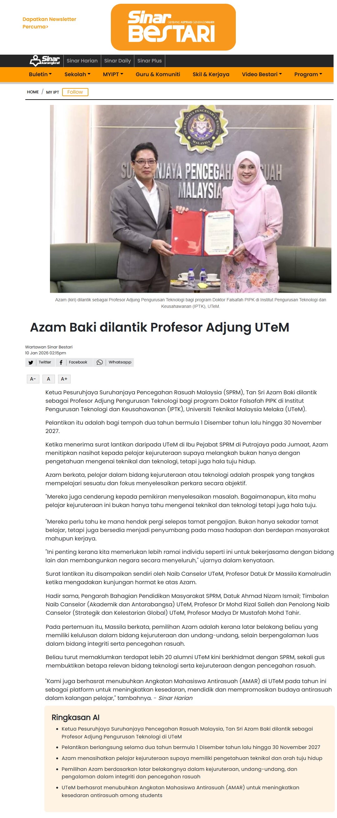 23 Azam Baki dilantik Profesor Adjung UTeM - Sinar Bestari