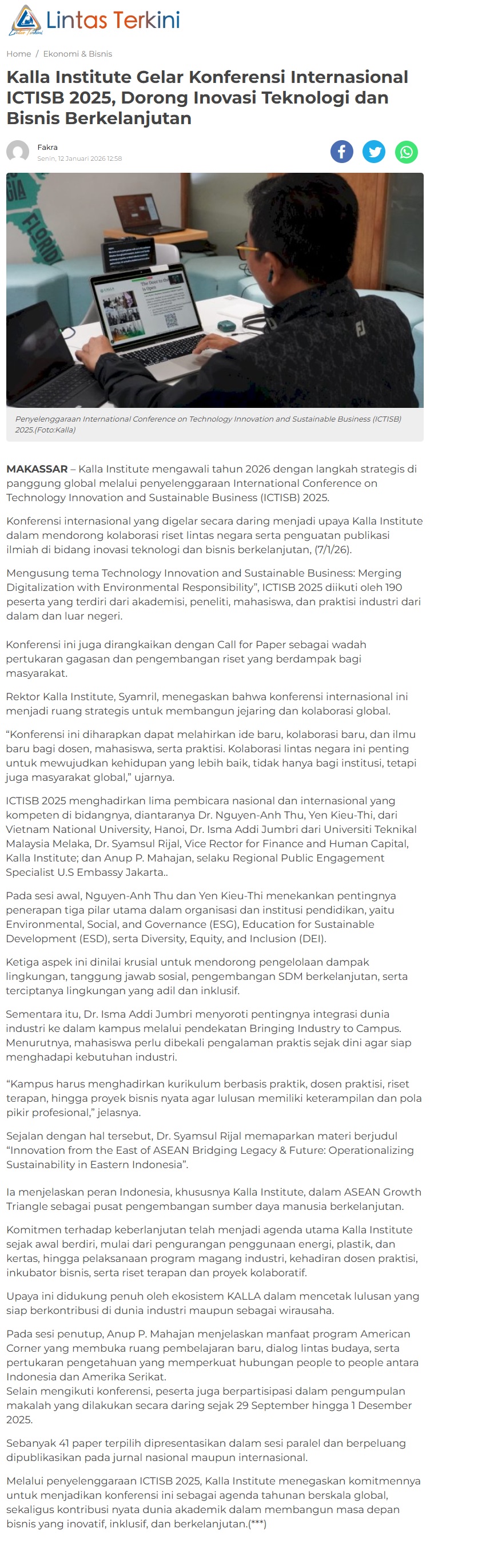 24 Kalla Institute Gelar Konferensi Internasional ICTISB 2025 Dorong Inovasi Teknologi Bisnis Berkelanjutan