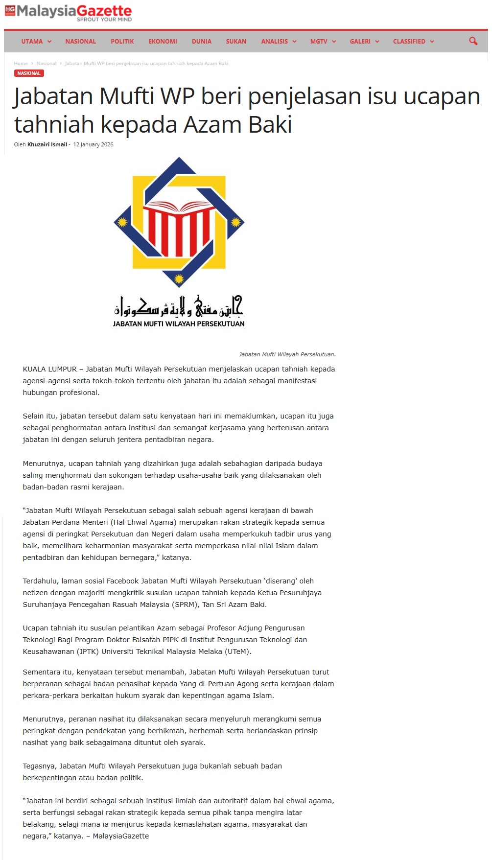 25 Jabatan Mufti WP beri penjelasan isu ucapan tahniah kepada Azam Baki