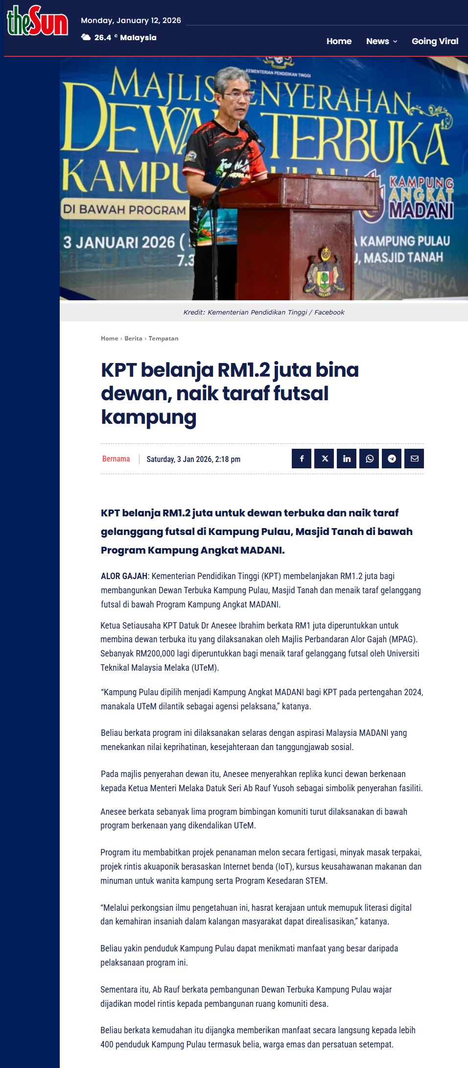 2 KPT belanja RM1.2 juta bina dewan naik taraf futsal kampung