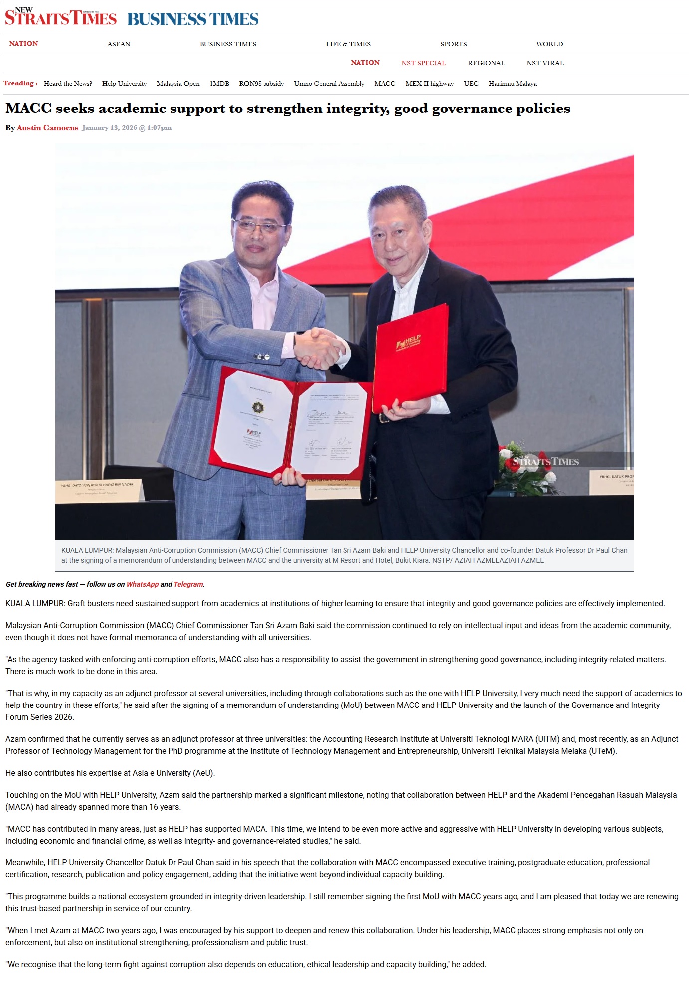 30 MACC seeks academic support to strengthen integrity good governance policies