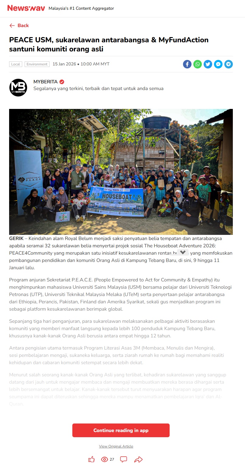 38 PEACE USM sukarelawan antarabangsa & MyFundAction santuni komuniti orang asli