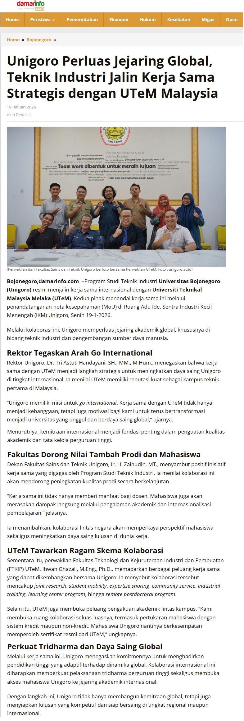 46 Unigoro Perluas Jejaring Global Teknik Industri Jalin Kerja Sama Strategis dengan UTeM Malaysia  Damarinfo