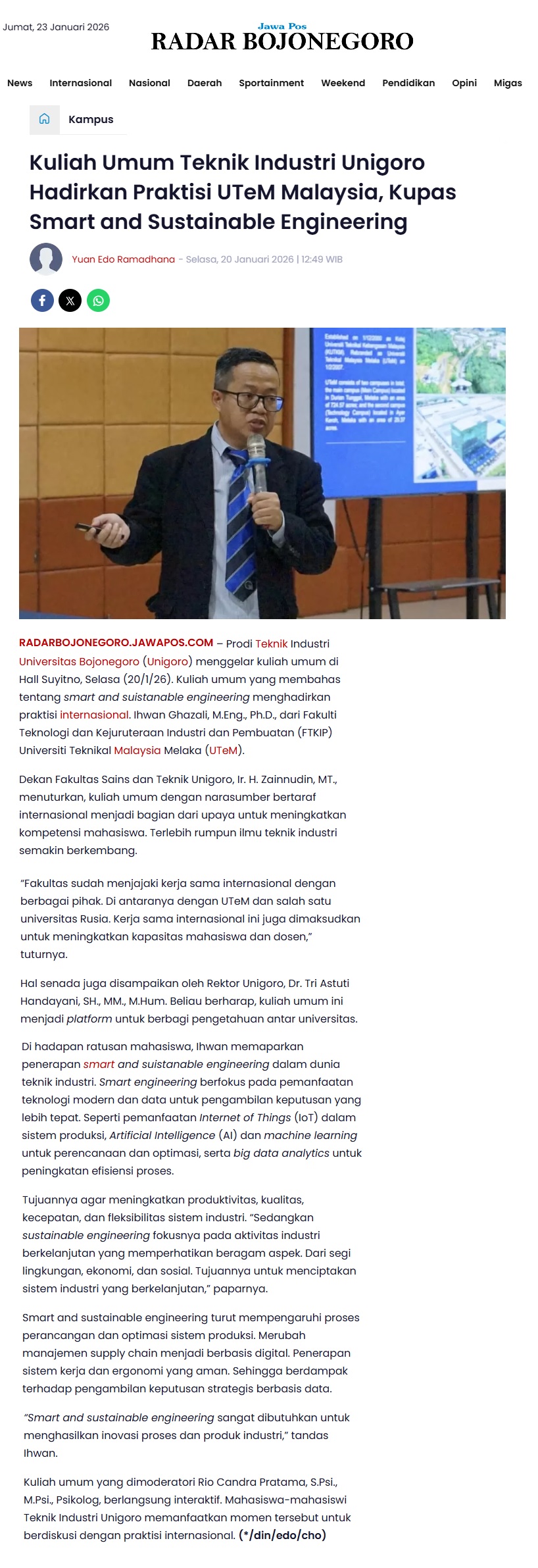 49 Kuliah Umum Teknik Industri Unigoro Hadirkan Praktisi UTeM Malaysia, Kupas Smart and Sustainable Engineering  Radar Bojonegoro