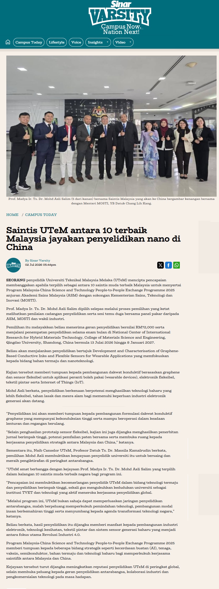 360 Saintis UTeM antara 10 terbaik Malaysia jayakan penyelidikan nano di China