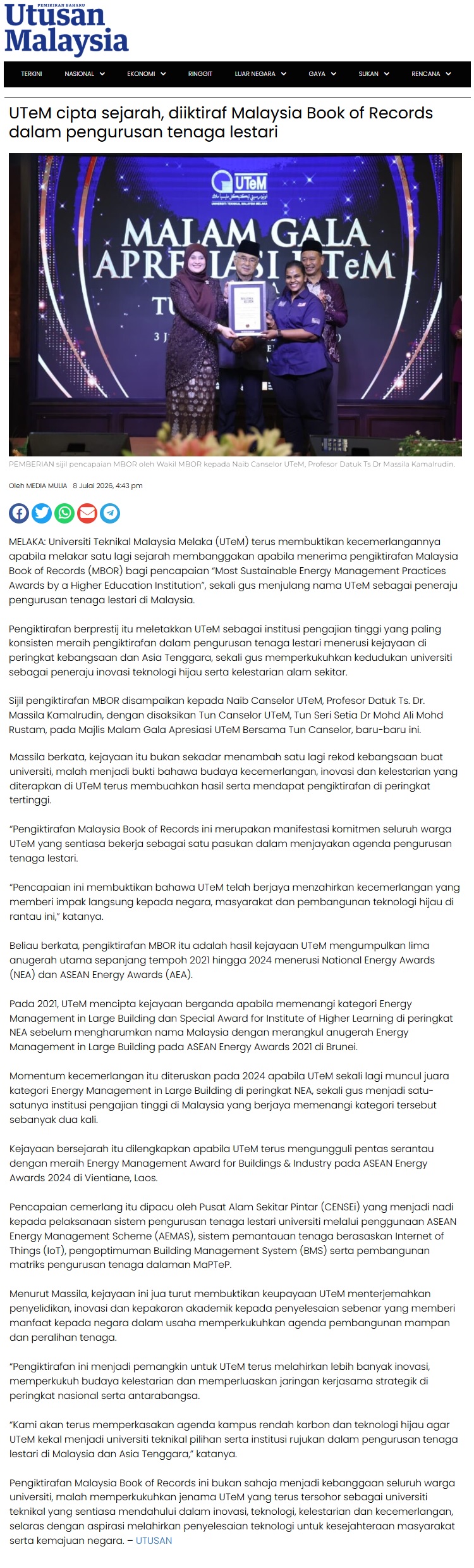 369 UTeM cipta sejarah diiktiraf Malaysia Book of Records dalam pengurusan tenaga lestari