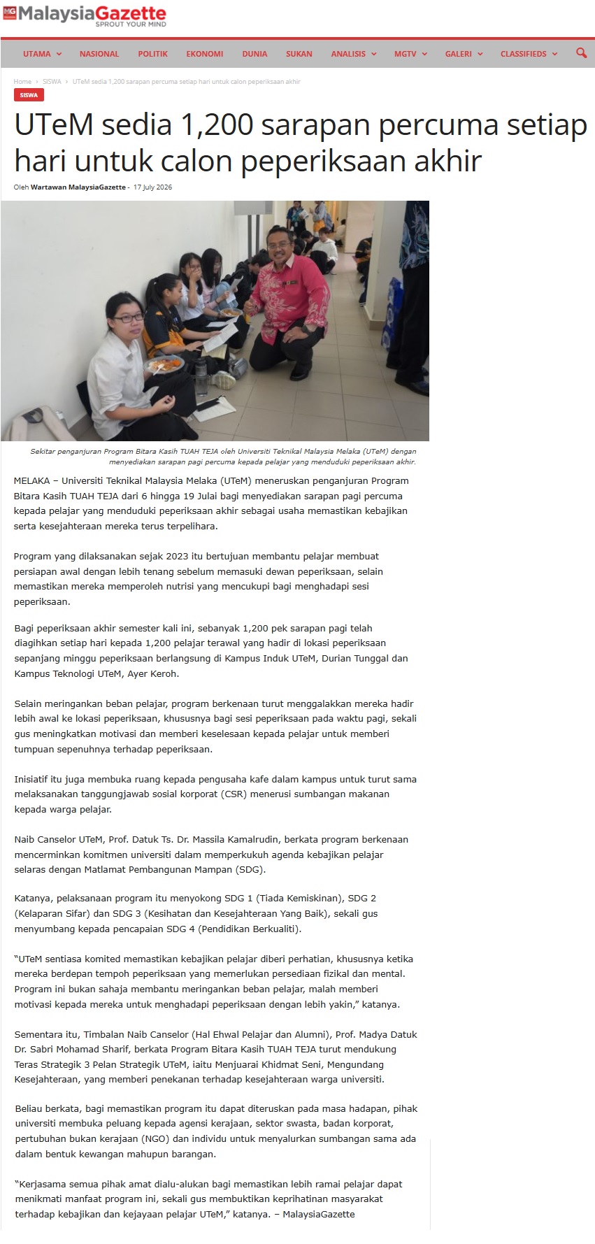 397 UTeM sedia 1,200 sarapan percuma setiap hari untuk calon peperiksaan akhir