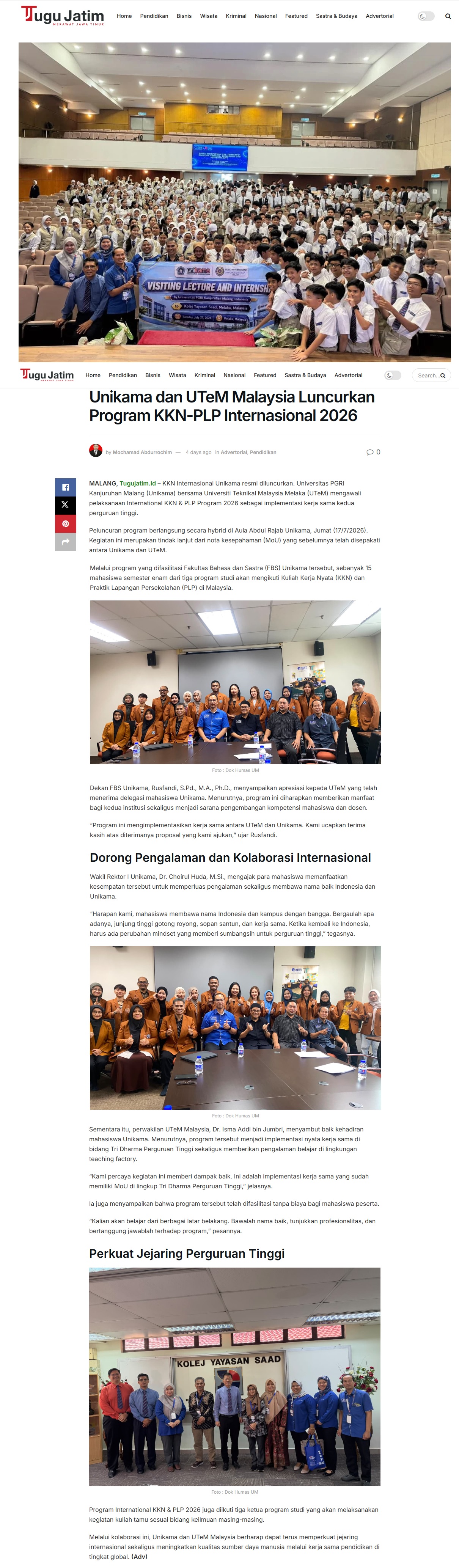 405 Unikama dan UTeM Malaysia Luncurkan Program KKN-PLP Internasional 2026 - Tugu Jatim ID