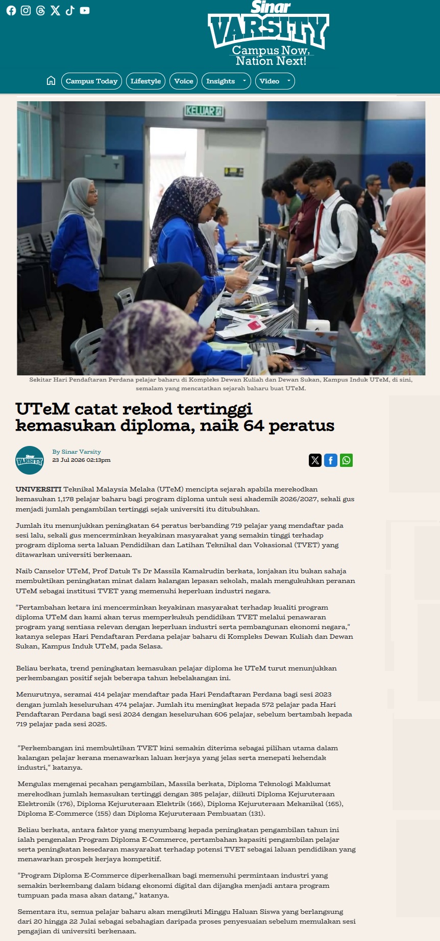 407 UTeM catat rekod tertinggi kemasukan diploma, naik 64 peratus - Sinar Varsity