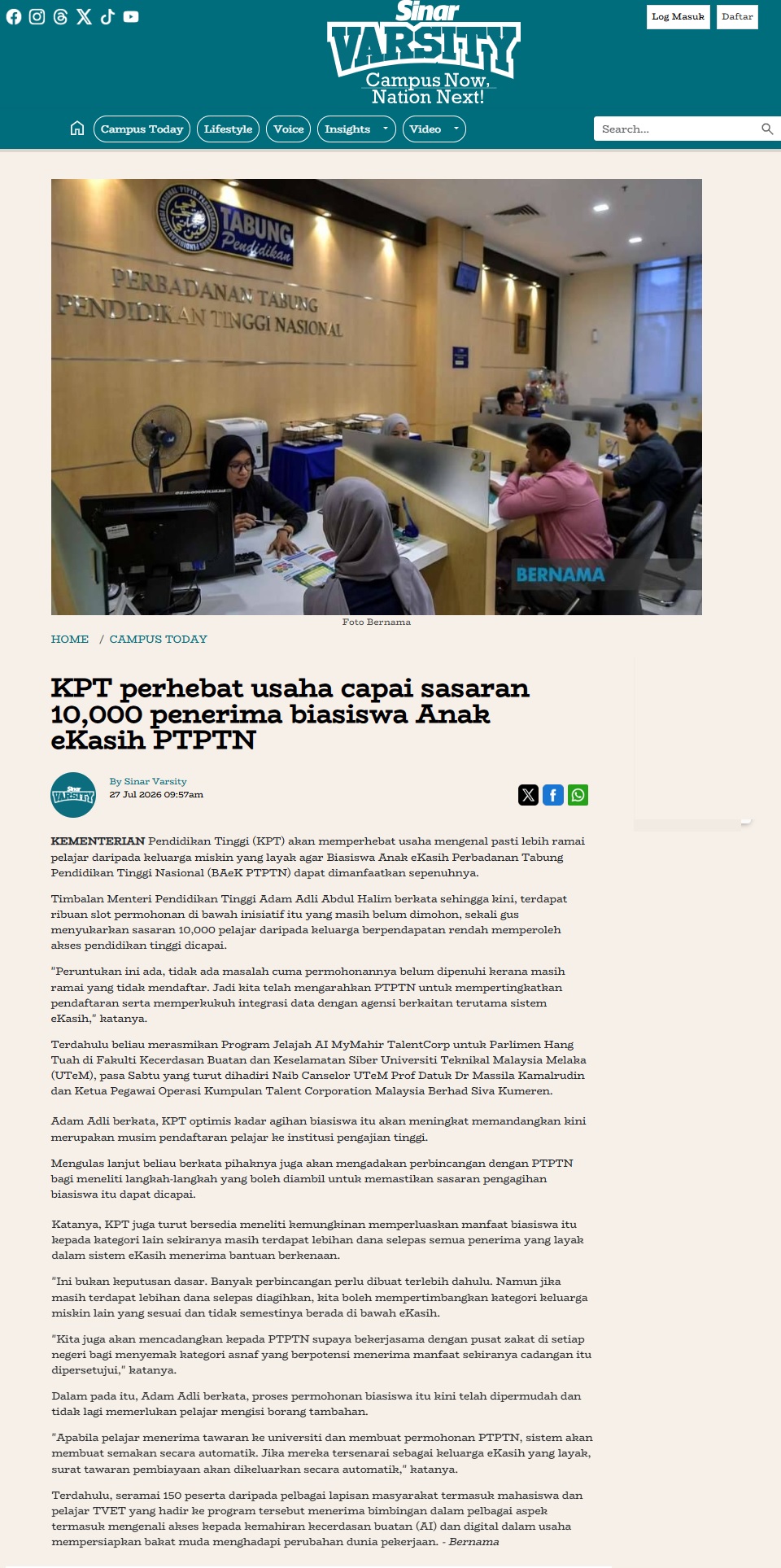 413 KPT perhebat usaha capai sasaran 10,000 penerima biasiswa Anak eKasih PTPTN Sinar Varsity