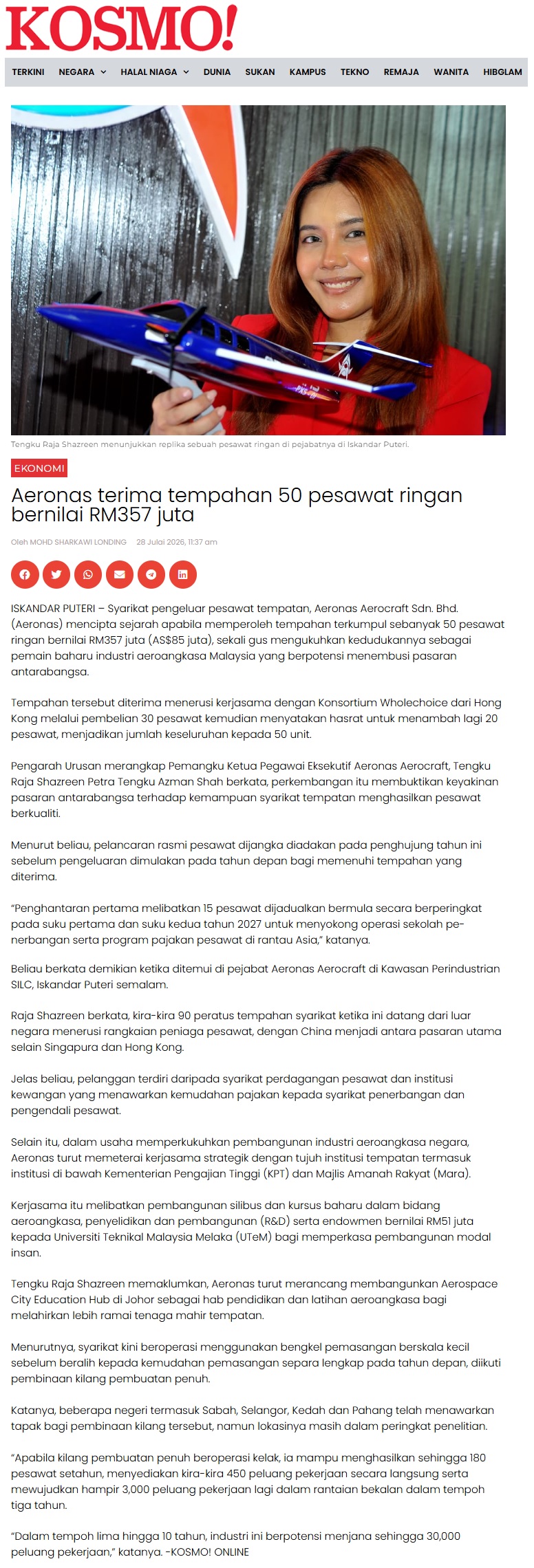 416 Aeronas terima tempahan 50 pesawat ringan bernilai RM357 juta Kosmo Digital