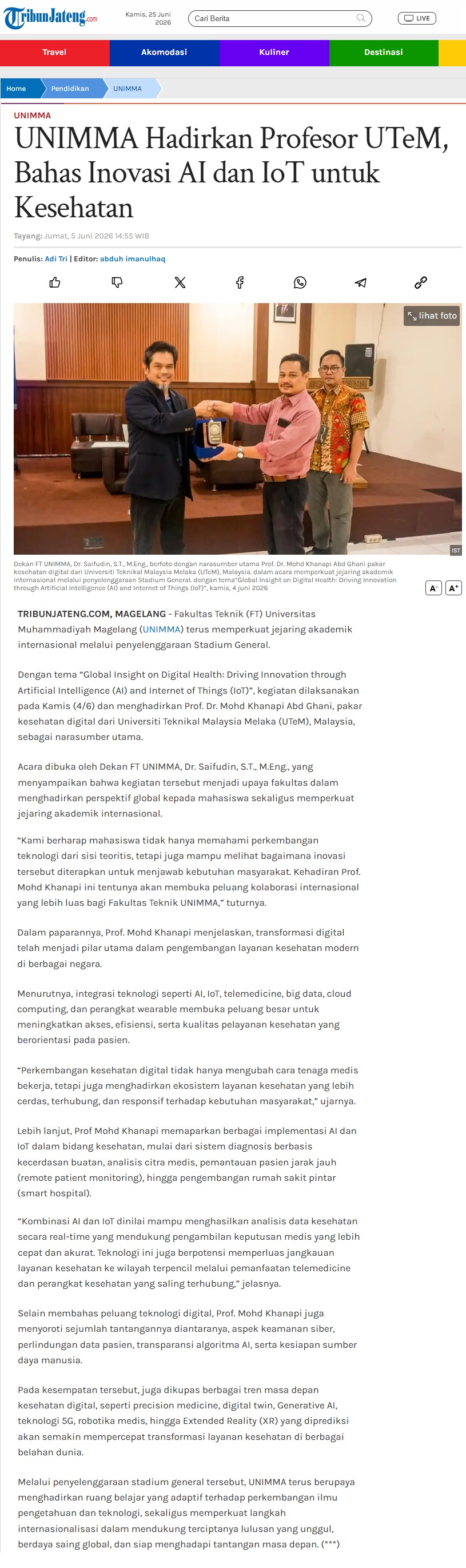 274 UNIMMA Hadirkan Profesor UTeM Bahas Inovasi AI dan IoT untuk Kesehatan Tribunjatengcom