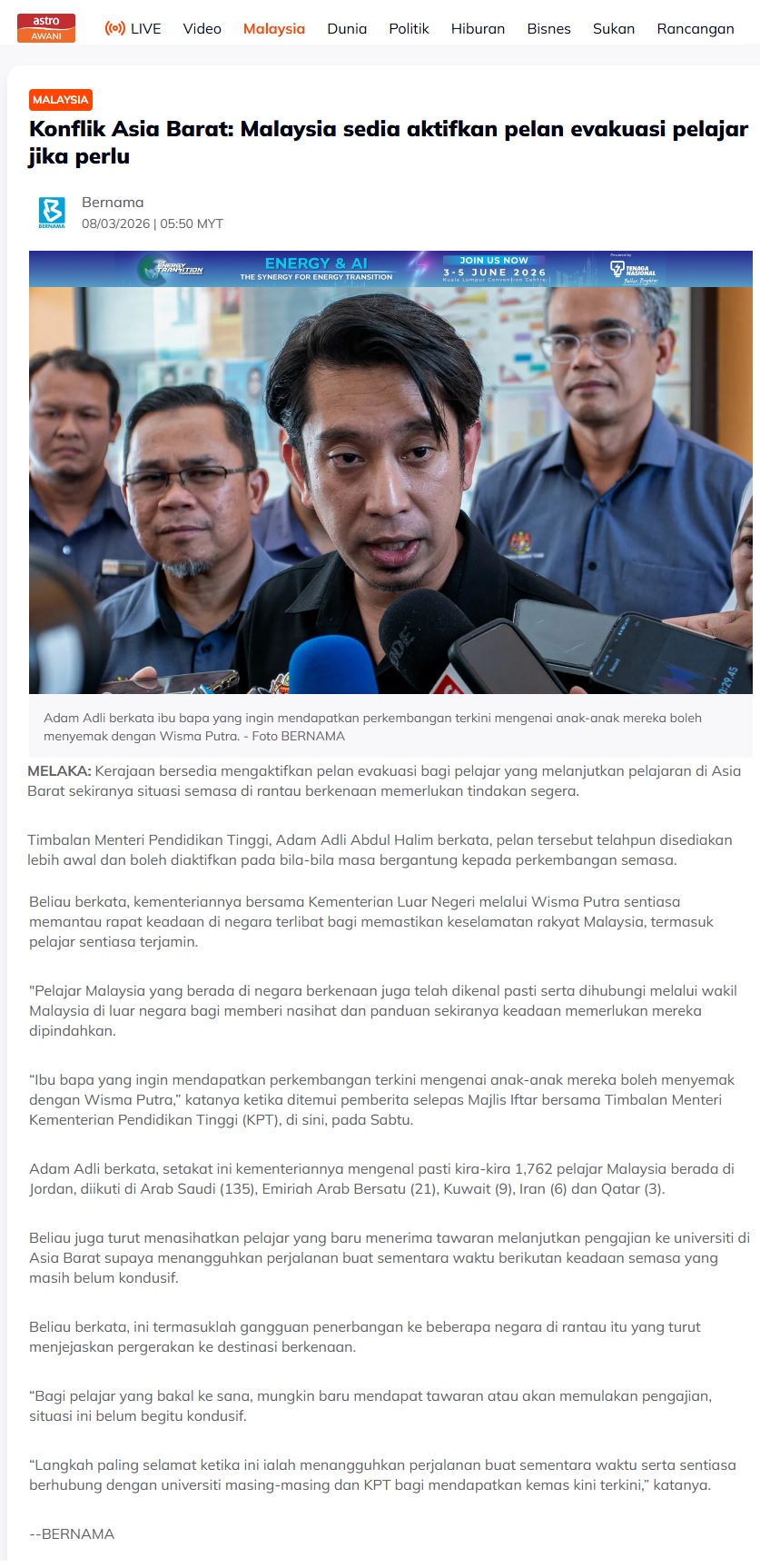 135 Konflik Asia Barat Malaysia sedia aktifkan pelan evakuasi pelajar jika perlu Awani