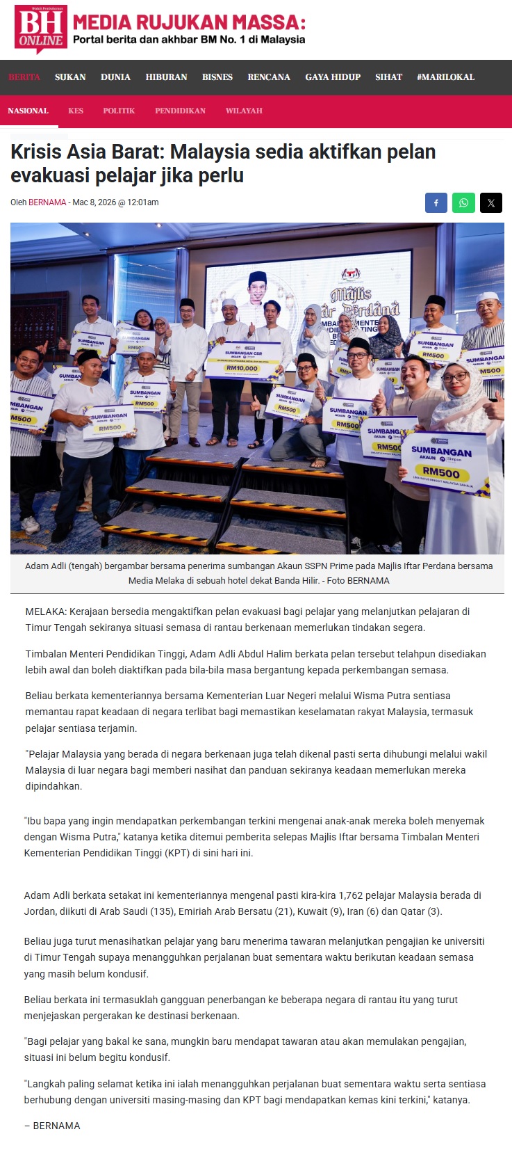 136 Krisis Asia Barat_ Malaysia sedia aktifkan pelan evakuasi pelajar jika perlu