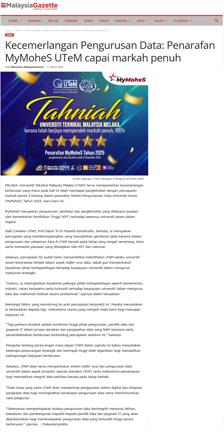 139 Kecemerlangan Pengurusan Data_ Penarafan MyMoheS UTeM capai markah penuh