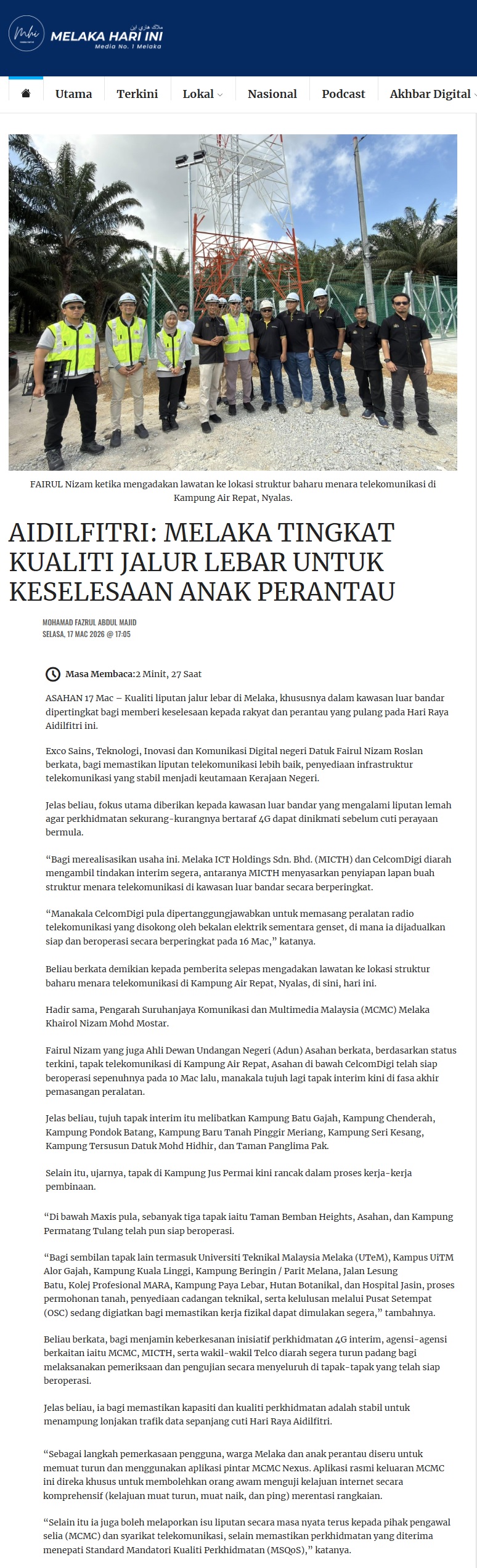 143 AIDILFITRI MELAKA TINGKAT KUALITI JALUR LEBAR UNTUK KESELESAAN ANAK PERANTAU