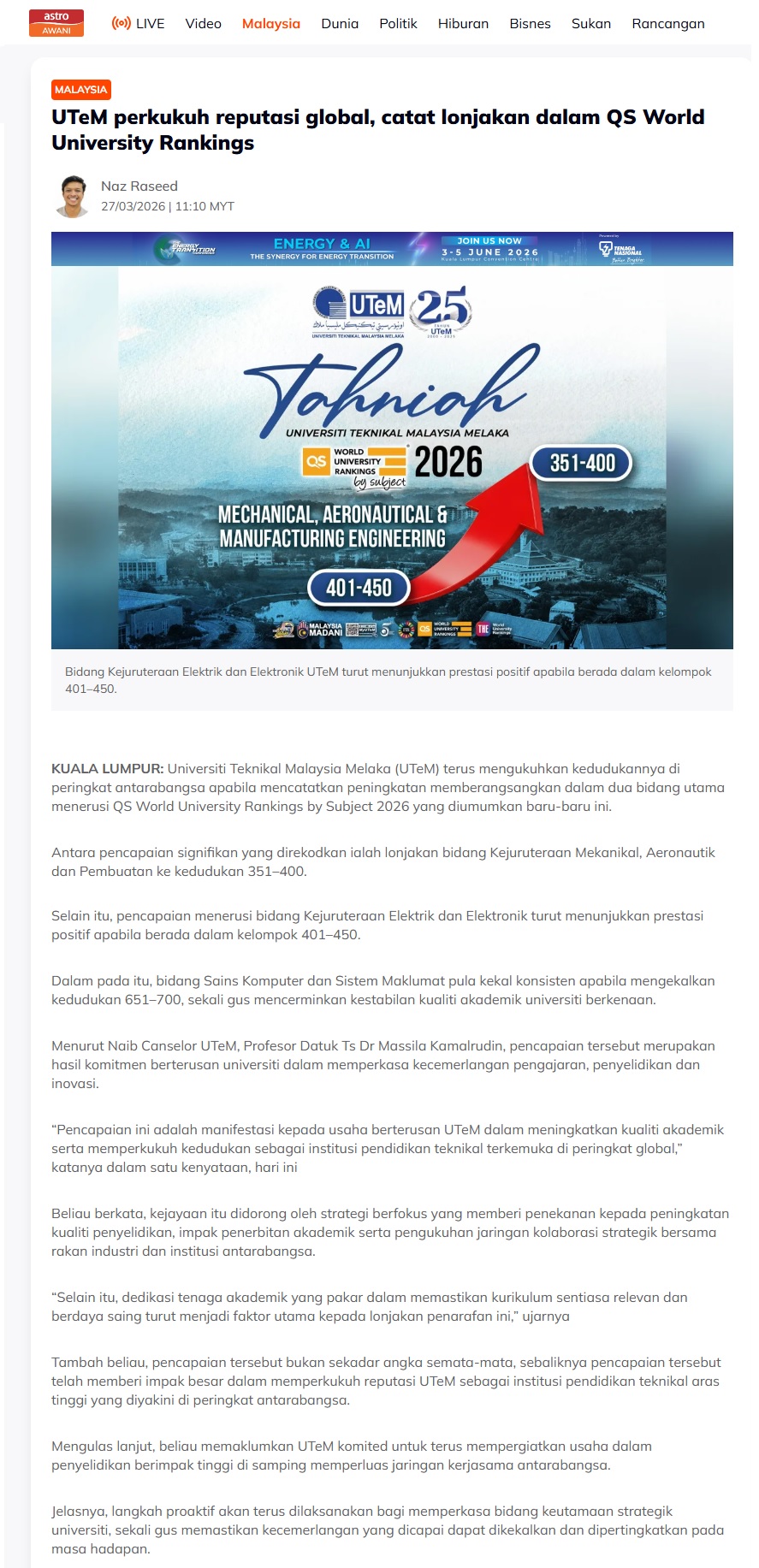 152 UTeM perkukuh reputasi global, catat lonjakan dalam QS World University Rankings _ Awani