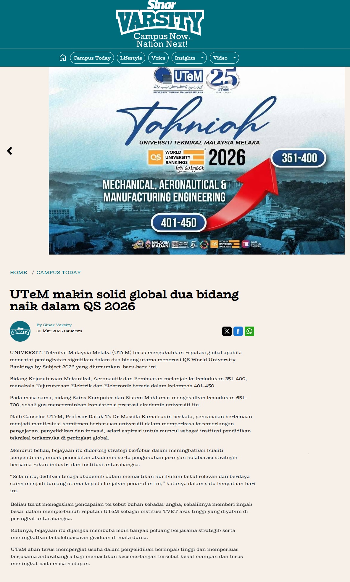 156 UTeM makin solid global dua bidang naik dalam QS 2026 - Sinar Varsity