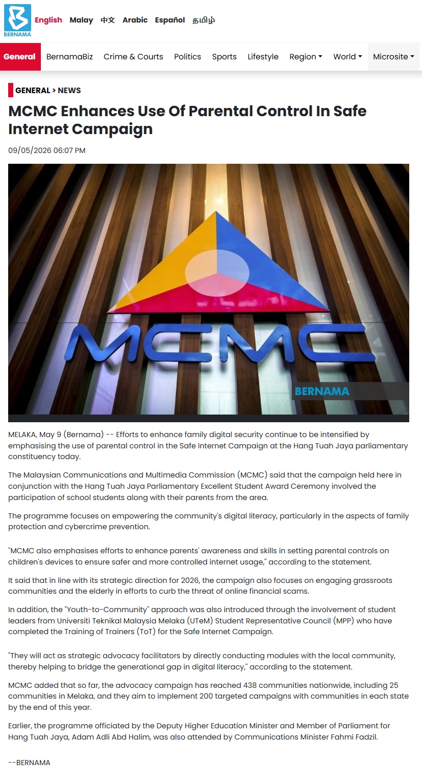 228 BERNAMA MCMC Enhances Use Of Parental Control In Safe Internet Campaign