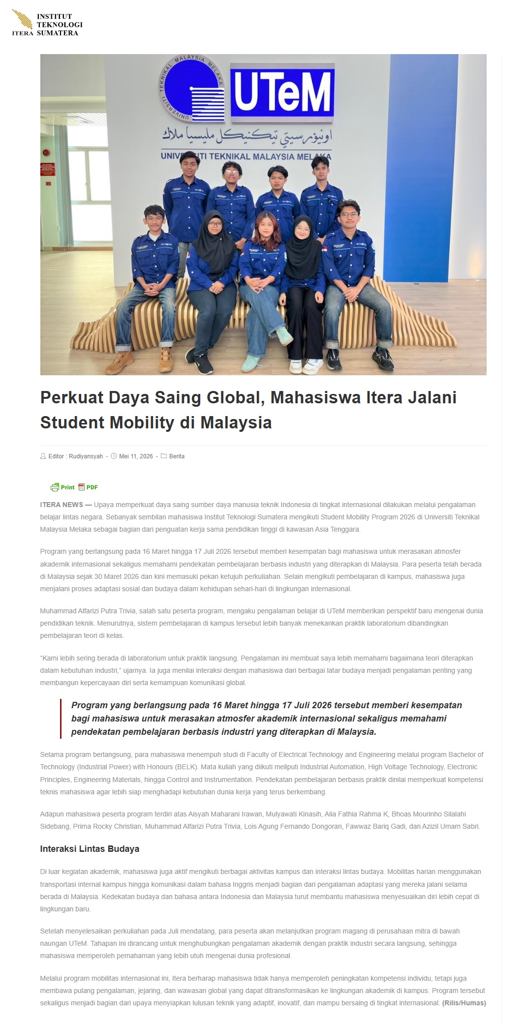 237 Perkuat Daya Saing Global, Mahasiswa Itera Jalani Student Mobility di Malaysia - ITERA