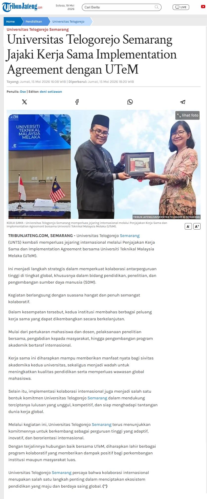 247 Universitas Telogorejo Semarang Jajaki Kerja Sama Implementation Agreement dengan UTeM Tribunjatengcom