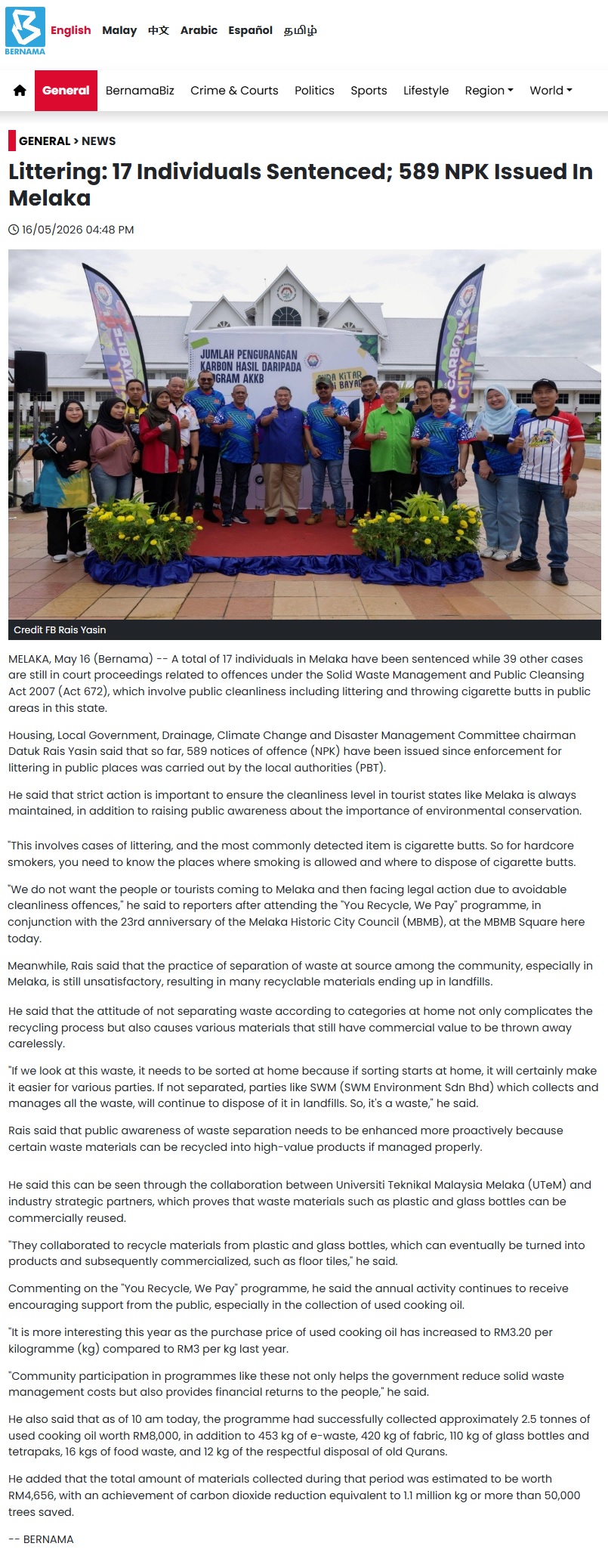 250 BERNAMA - Littering 17 Individuals Sentenced; 589 NPK Issued In Melaka