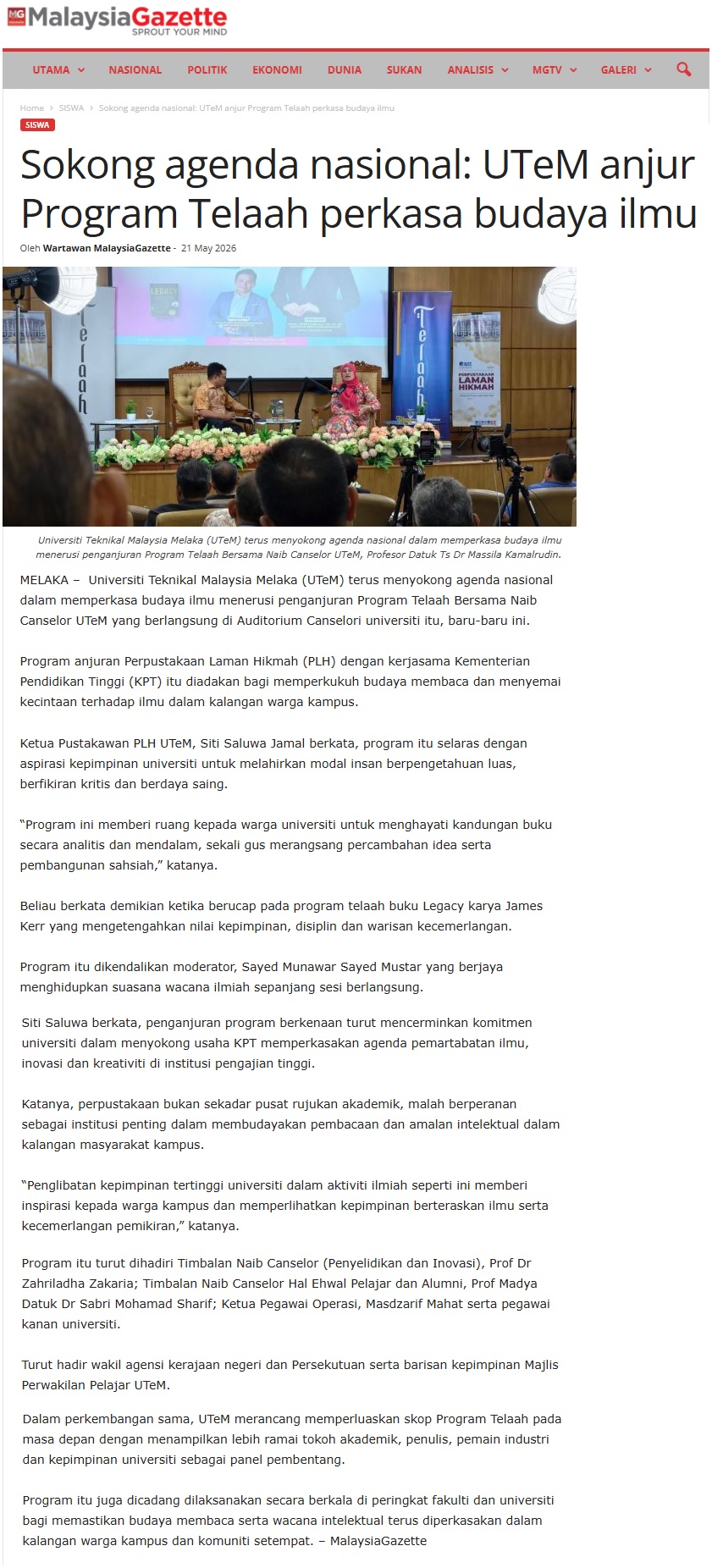 260 Sokong agenda nasional UTeM anjur Program Telaah perkasa budaya ilmu